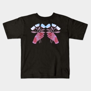 Red hands with blue flowers for you on black background Kids T-Shirt